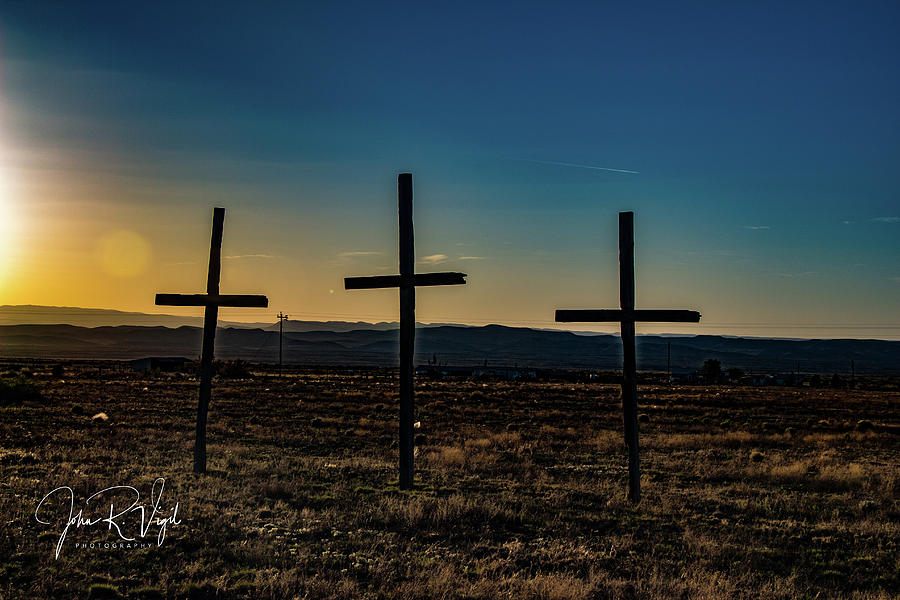 Sunset Photograph - Tres Cruces de Madera by John Vigil