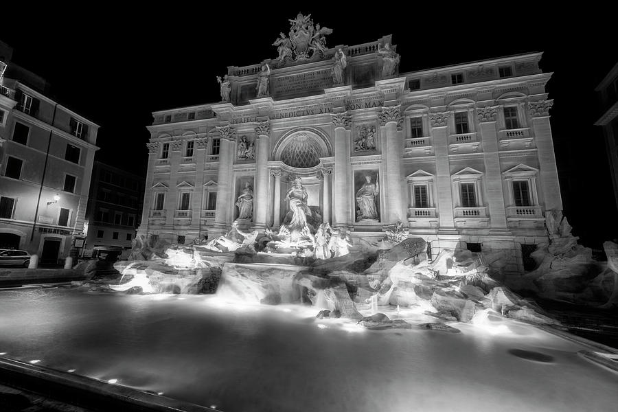 Black And White Photograph - Trevi Fountain Rome Italy BW by Joan Carroll