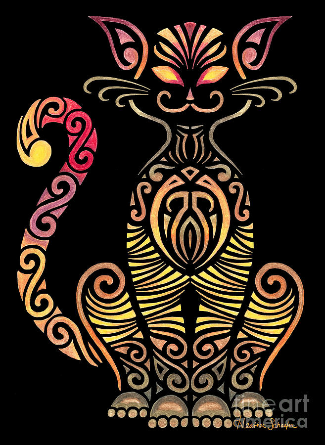 Tribal Cat Drawing by Heather Schaefer