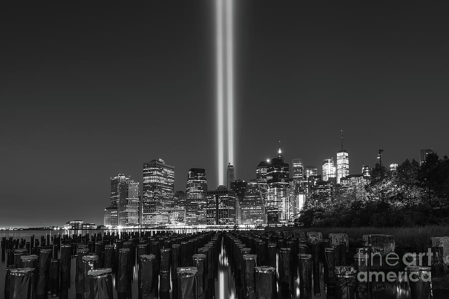Tribute In Light From Brooklyn Pier BW Photograph by Michael Ver Sprill