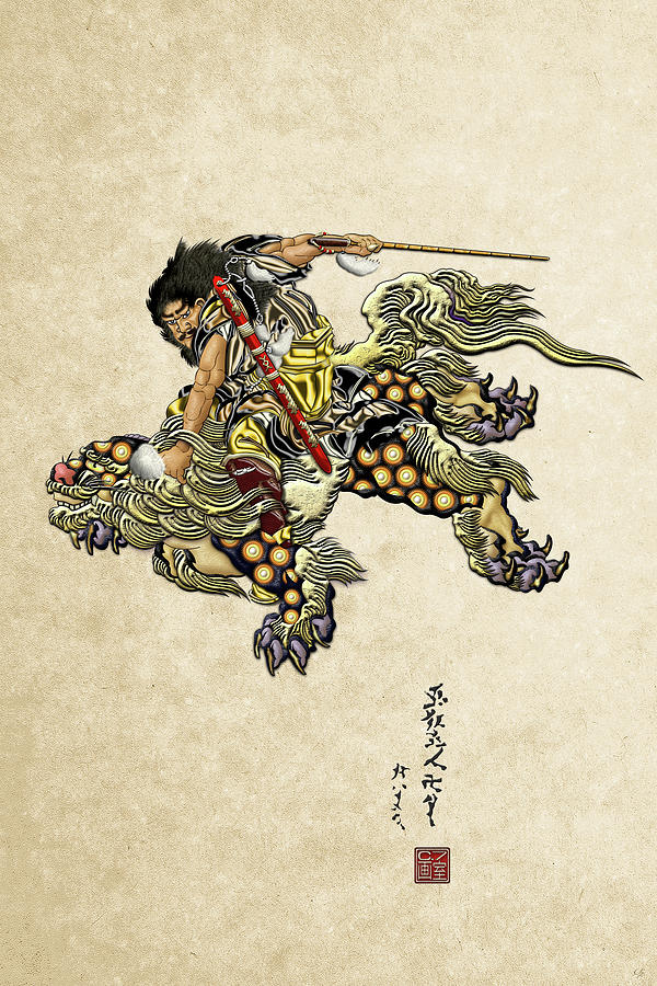 Tribute to Katsushika Hokusai - Shoki Riding Shishi Lion  Digital Art by Serge Averbukh