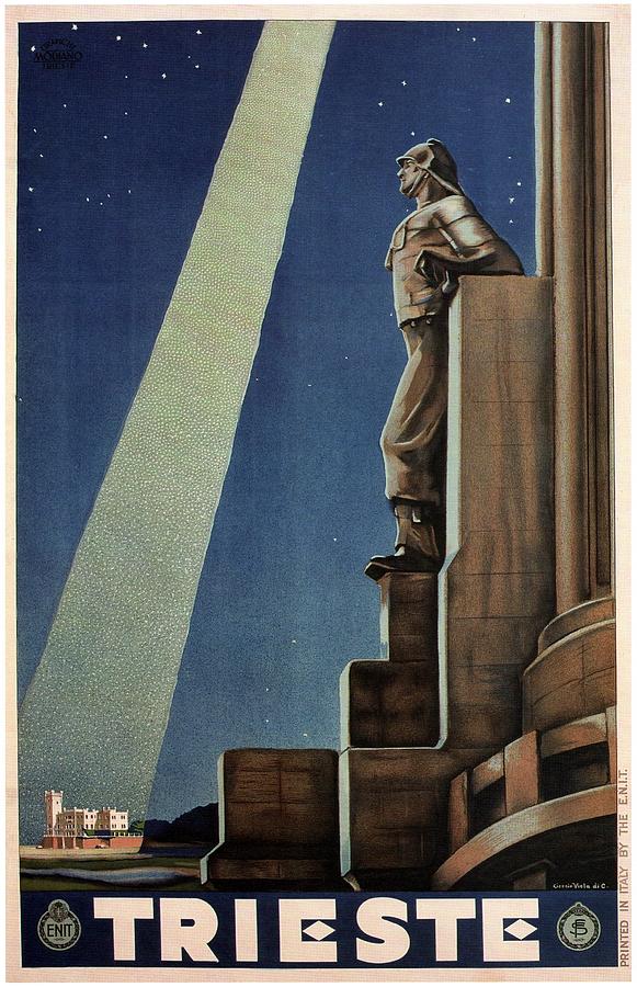 Trieste, Italy - View Of The Statue Of A Man - Retro Travel Poster - Vintage Poster Mixed Media