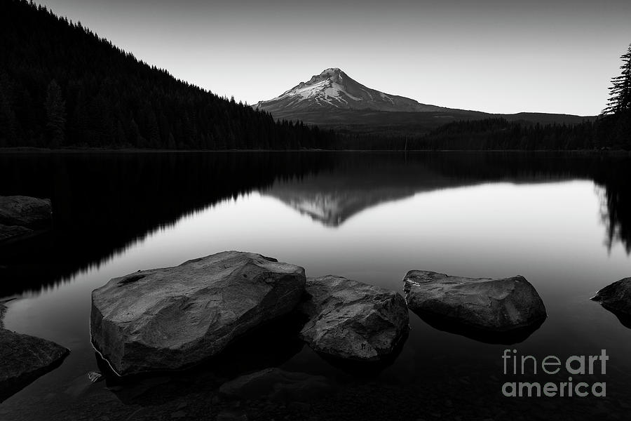 Trillium Lake - black and white Photograph by Masako Metz