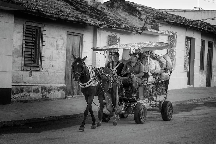 Horse Photograph - Trinidad Cuba Hay Cart BW by Joan Carroll