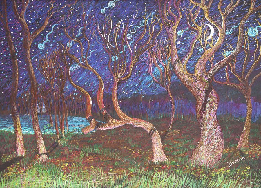 Trinity Tree By Moonlight Painting by Stefan Duncan