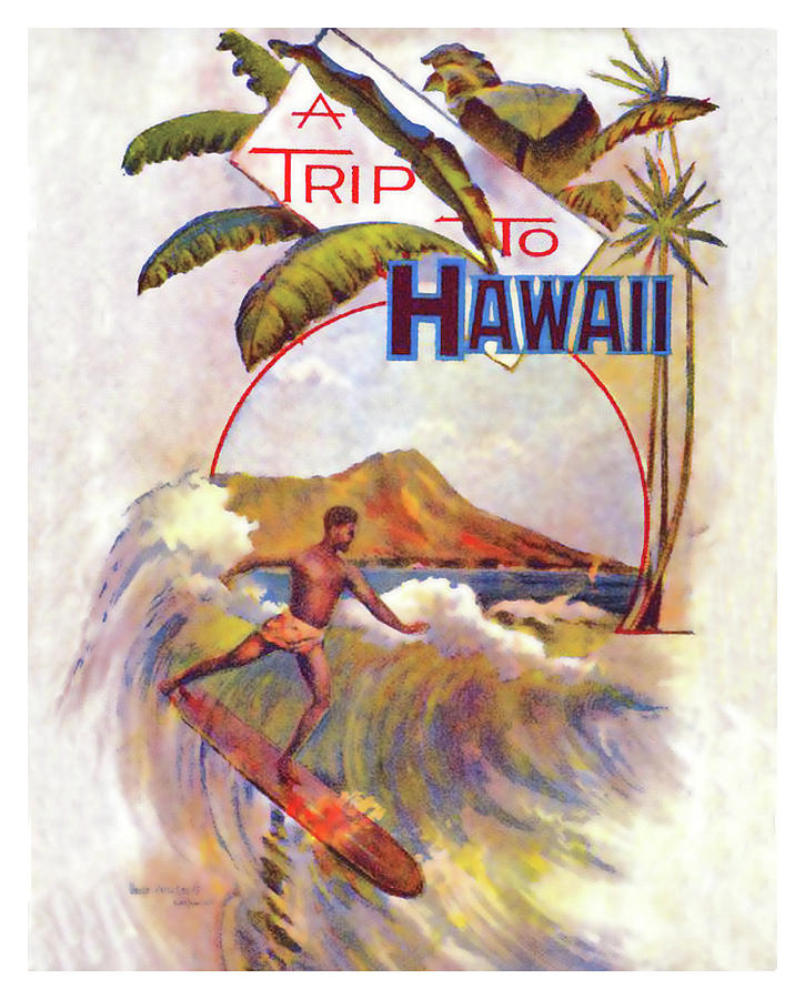 Trip to Hawaii, wave surfer, travel poster Painting by Long Shot