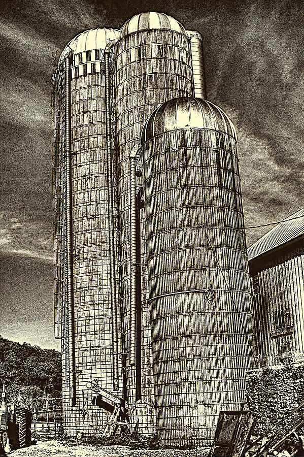 Black And White Photograph - Triplet Silos Wisconsin Dairy Farm by Roger Passman