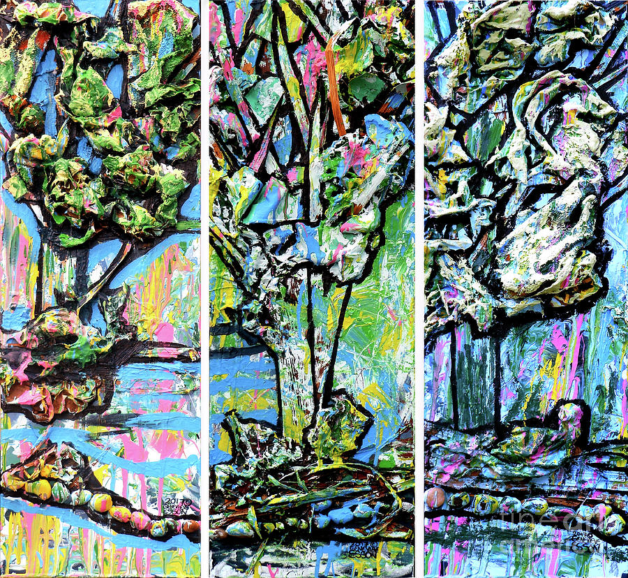 Triptych Of Three Trees By A Brook Mixed Media by Genevieve Esson