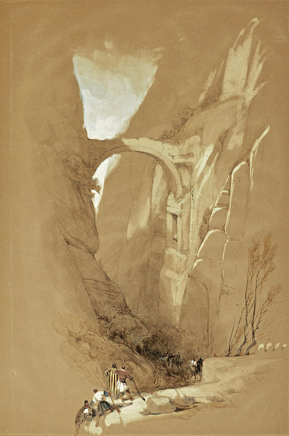 Triumphal Arch crossing the Ravine leading to Petra. Jordan Drawing by David Roberts