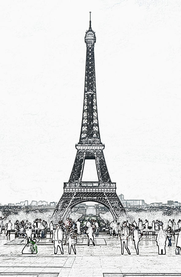 Trocadero Crowd Enjoying Eiffel Tower View Colored Pencil Digital Art Digital Art by Shawn OBrien