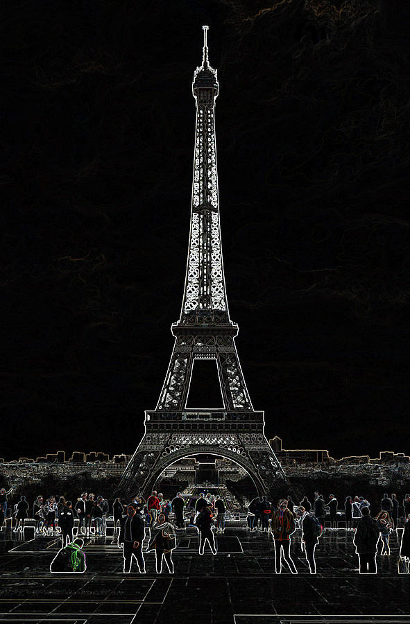 Trocadero Crowd Enjoying Eiffel Tower View Glowing Edges Digital Art Digital Art by Shawn OBrien