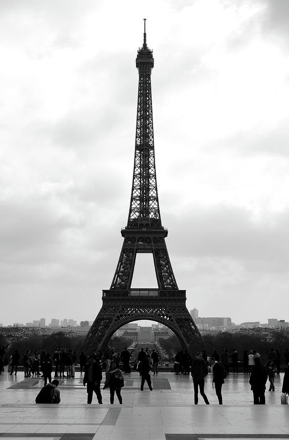 Trocadero Crowd Enjoying Eiffel Tower View Painterly Fresco Digital Art Black and White Photograph by Shawn OBrien