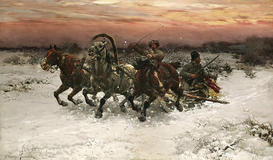 Horse Painting - Troika Pursued by Wolves by Alfred Kowalski