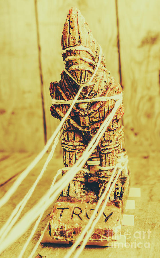 Trojan horse wooden toy being pulled by ropes Photograph by Jorgo Photography