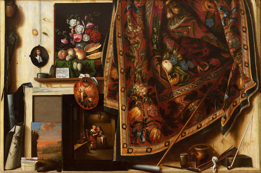 Flower Painting - Trompe loeil. A Cabinet in the Artists Studio by Cornelis Norbertus Gijsbrechts