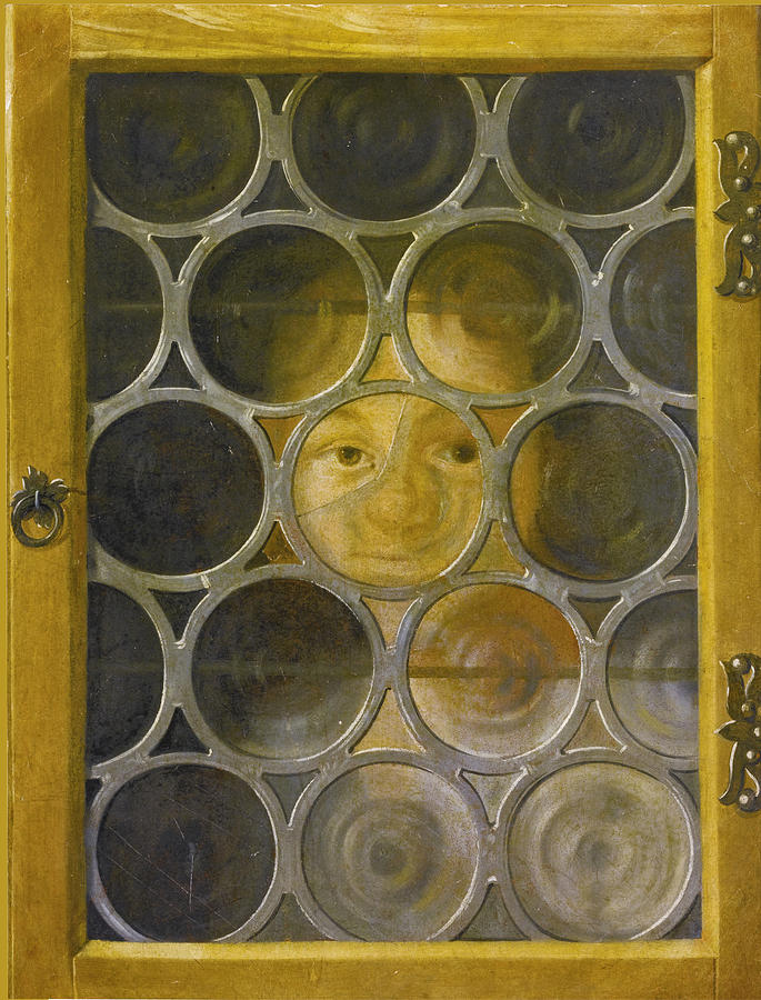 Trompe Loeil of a Boys Face Through a Broken leaded Window Painting by After Joseph Plepp