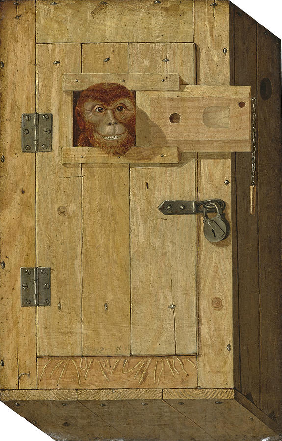 Trompe LOeil with a Monkey in a Wooden Box Painting by Josef Trajtler