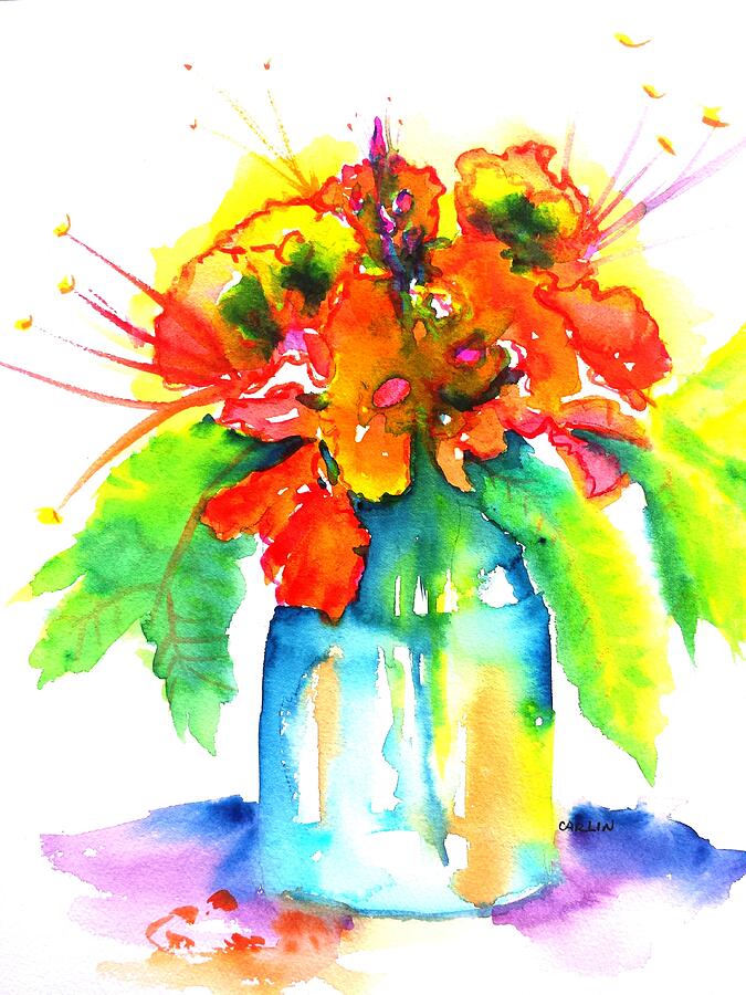 Tropical Bouquet in Blue Glass Vase  Painting by Carlin Blahnik CarlinArtWatercolor