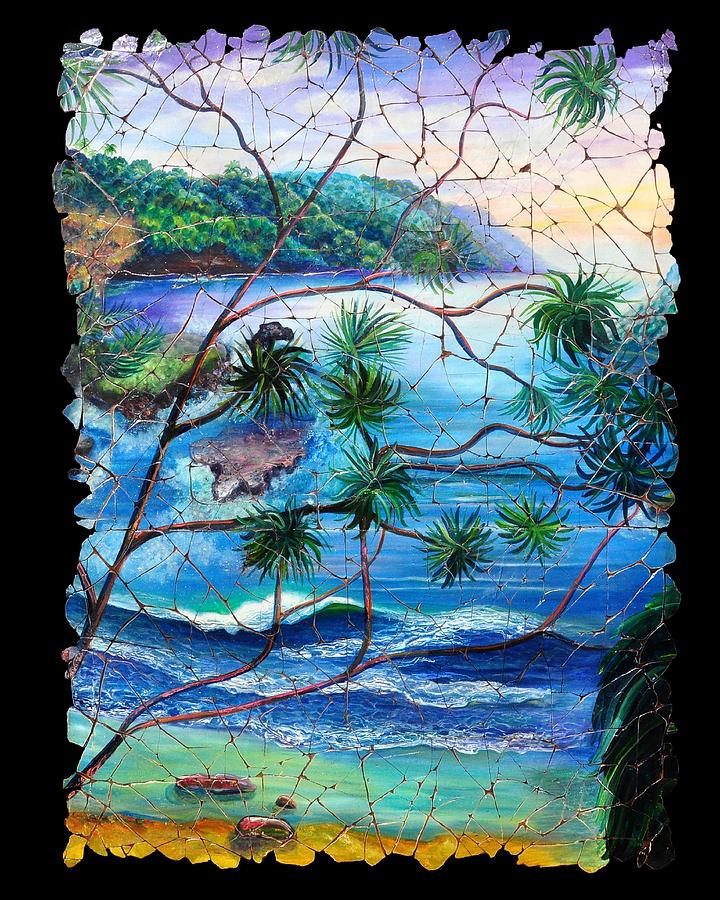 Tropical Cove  fresco triptych 2 Painting by Lena Owens - OLena Art Vibrant Palette Knife and Graphic Design