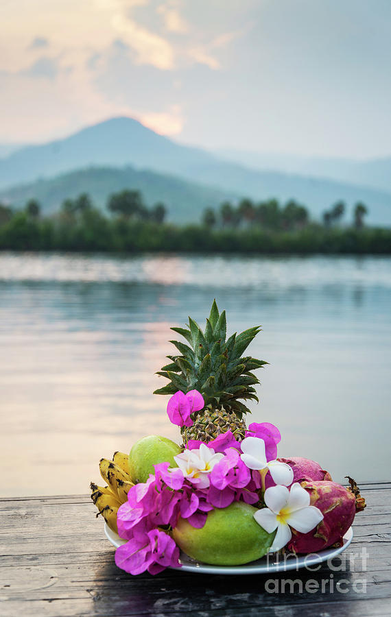 Tropical Fruit And Flowers Selection Plate At Sunset In Asia Photograph ...