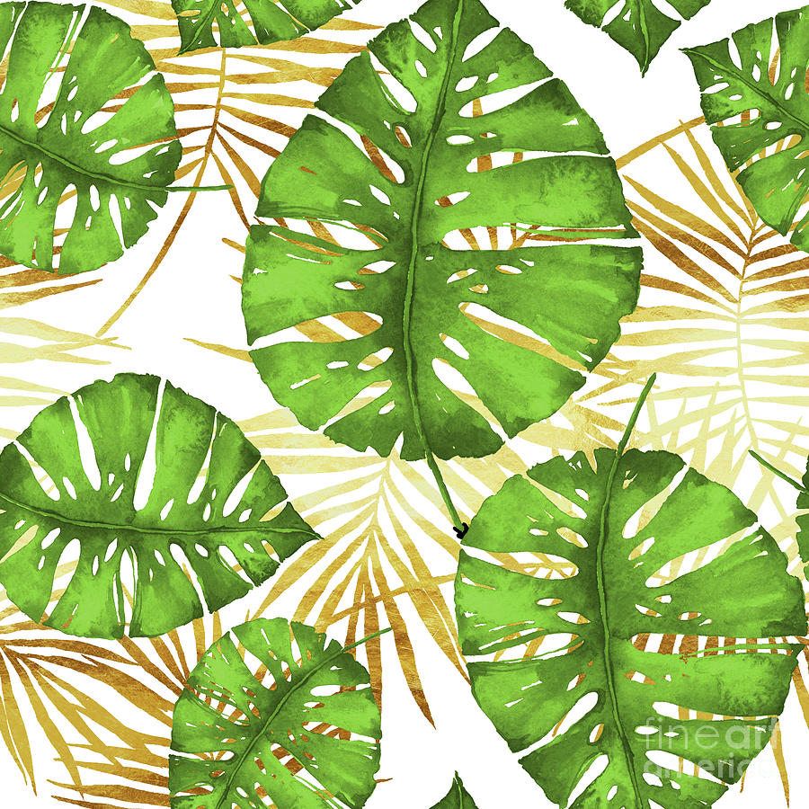 Tropical Haze green monstera leaves and golden palm fronds Painting by Tina Lavoie