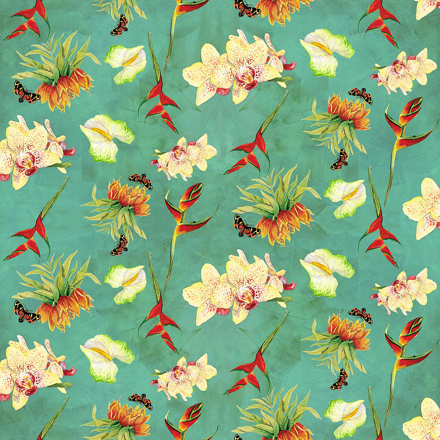 Orchid Painting - Tropical Island Floral Half Drop Pattern by Audrey Jeanne Roberts