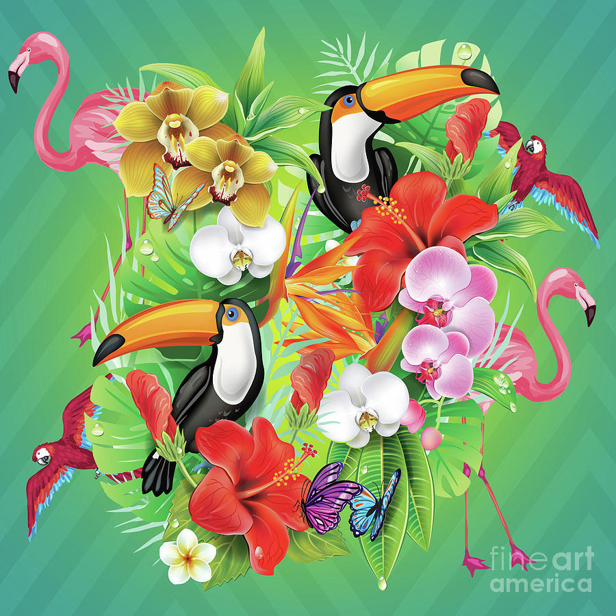 Flower Digital Art - Tropical Jungle Exotic Birds  by Mark Ashkenazi