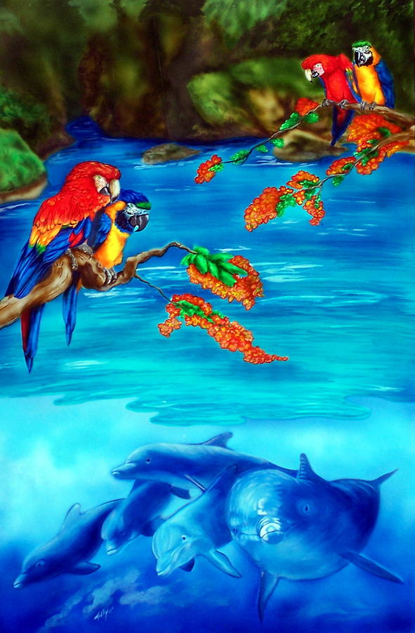 Parrot Painting - Tropical Lagoon by Kathleen Kelly Thompson