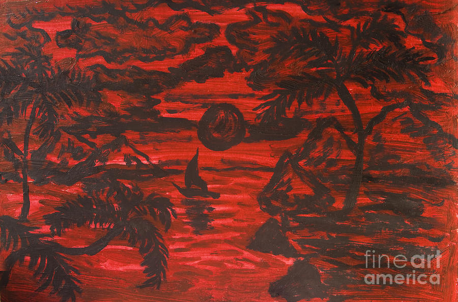 Tropical landscape on crimson, painting Painting by Irina Afonskaya