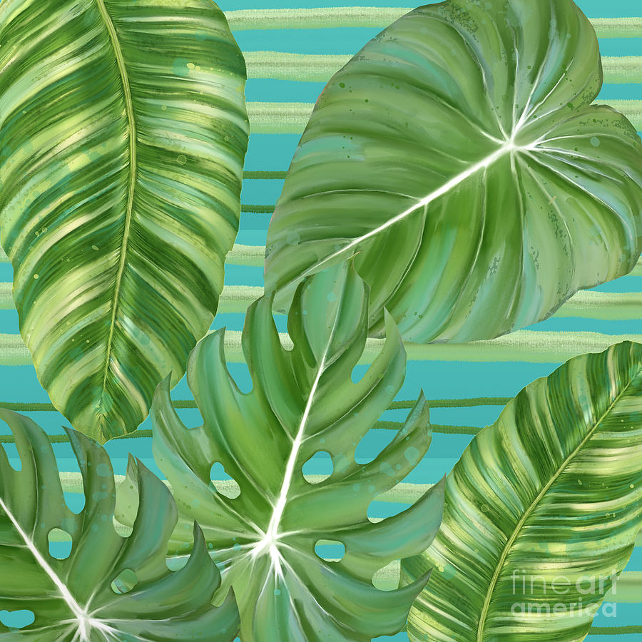 Tropical Leaf Striped Pattern Teal Turquoise Green Painting by Audrey Jeanne Roberts