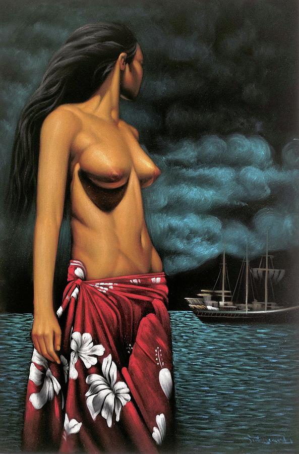 Vintage Painting - Tropical Nude on beach , velvet painting by Zenon Jimenez