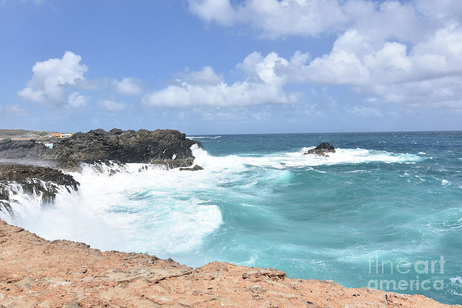 Tropical Ocean Water Splashing Against the Sea Cliffs in Aruba Photograph by DejaVu Designs