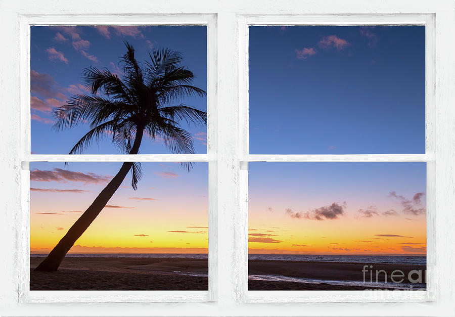 Tropical Paradise Colorful Sunset Whitewash Window View Photograph