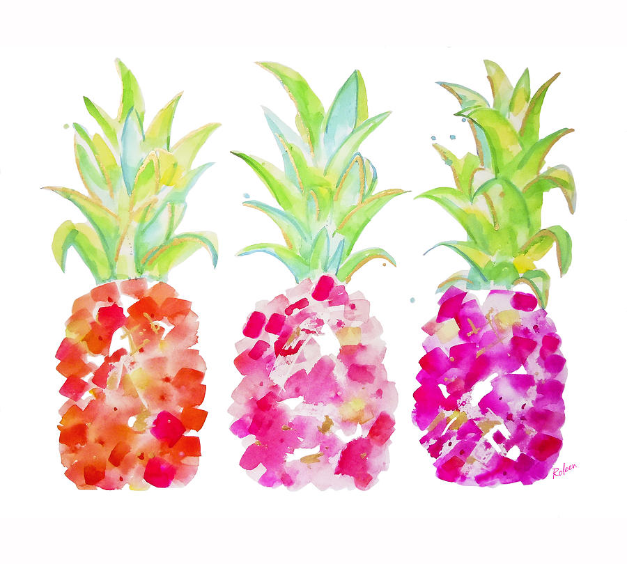 Pineapple Painting - Tropical Pink and Gold by Roleen Senic