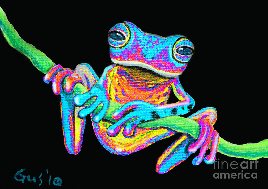 Frog Painting - Tropical Rainbow frog on a vine by Nick Gustafson