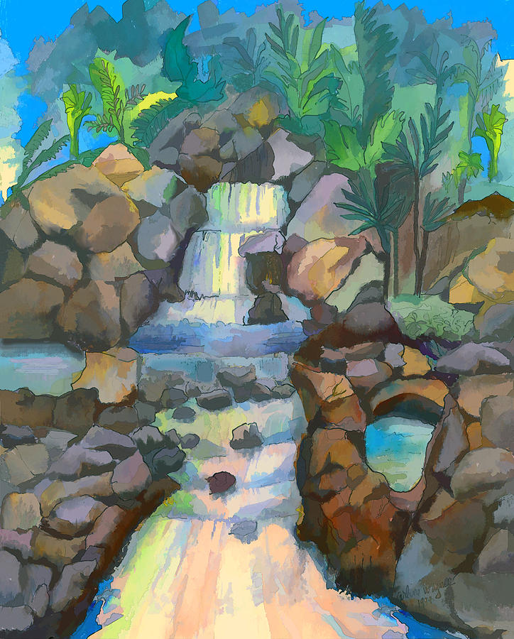 Waterfall Painting - Tropical Rainbow Waterfall by Arline Wagner