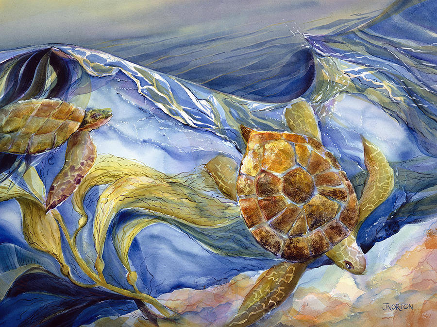 Sea Turtle Painting - Tropical Sea Turtle in Surf by Jen Norton