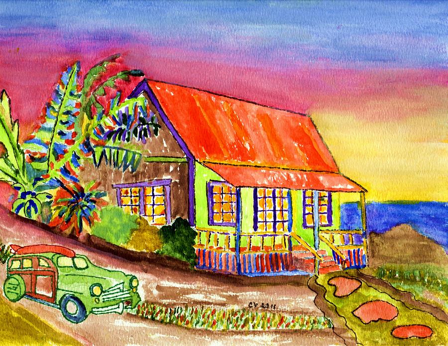 Tropical Surfing House Painting by Connie Valasco