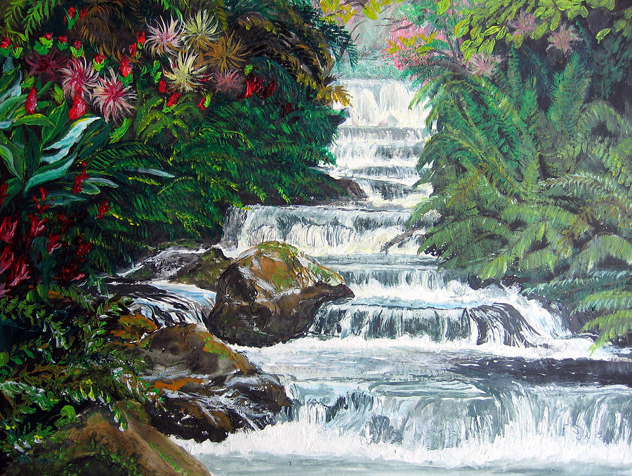 Tropical Waterfall Painting by Sarah Hornsby