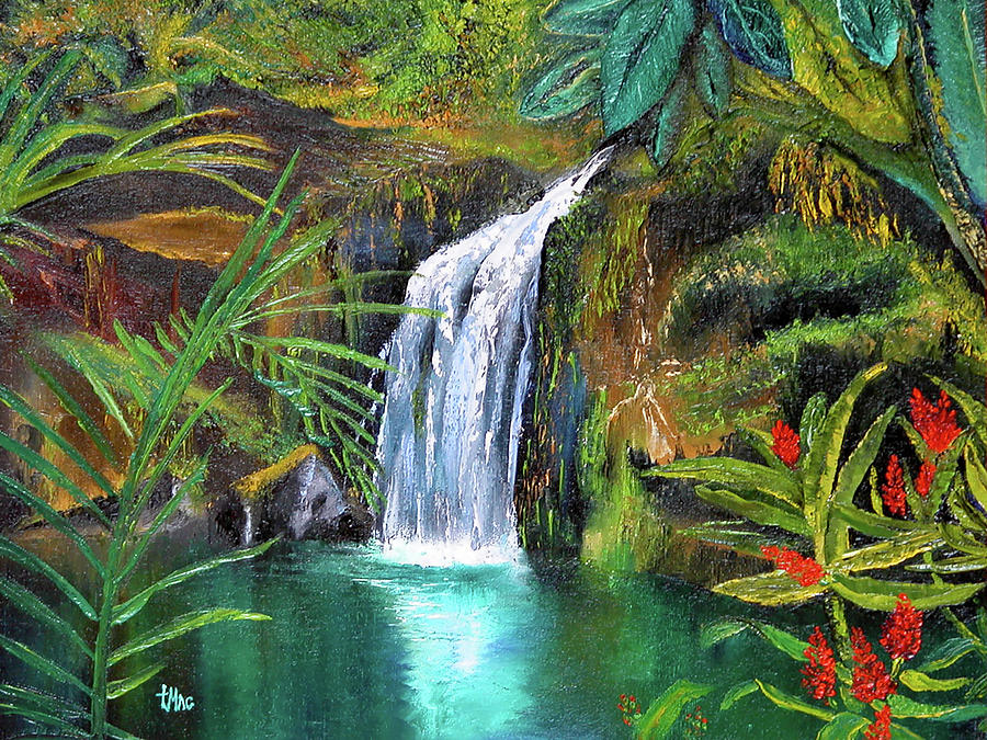 Prints Print titled 'Tropical Waterfall' landscape tropical painting ...