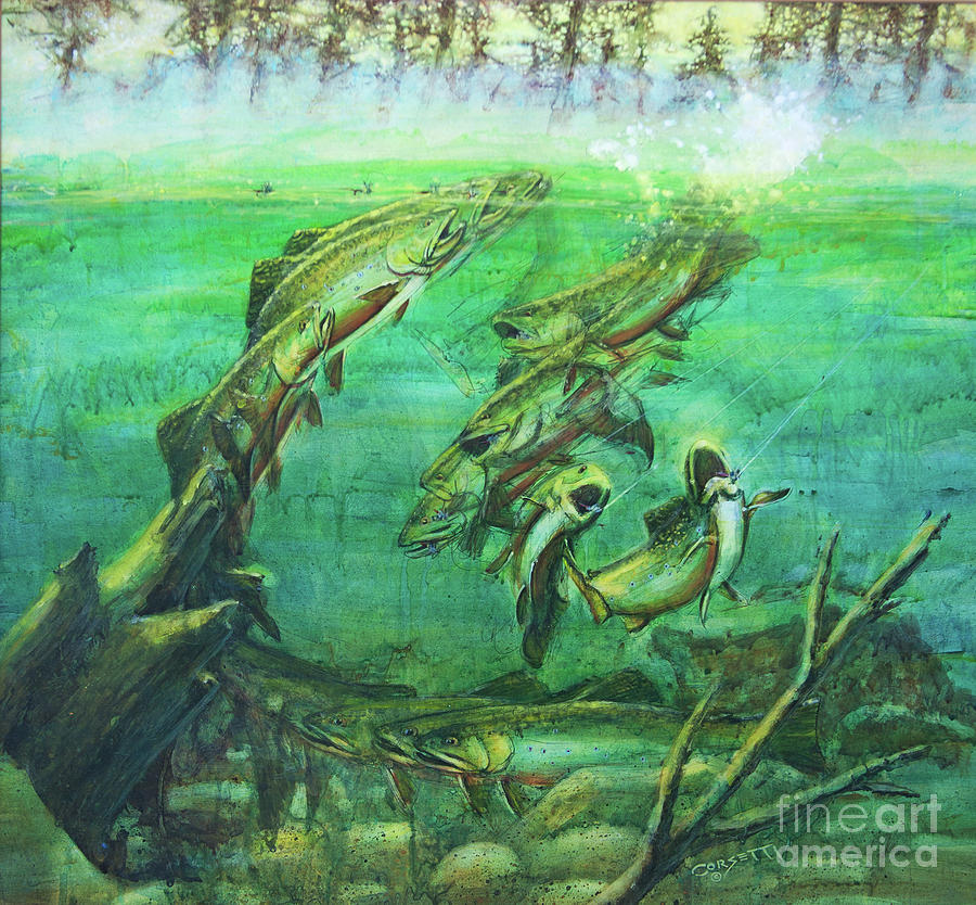 Fish On Trout Battle Painting by Robert Corsetti