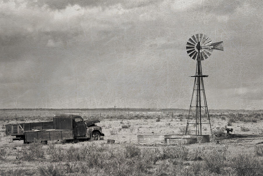 Black And White Photograph - Truck and Windmill BW by Julie Magers Soulen