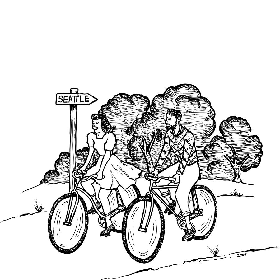 Seattle Drawing - True Romance Seattle Bike Ride by Karl Addison