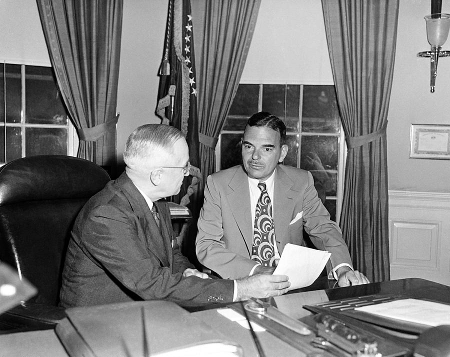 Truman and Governor Thomas Dewey - Oval Office - 1951 Photograph by War Is Hell Store