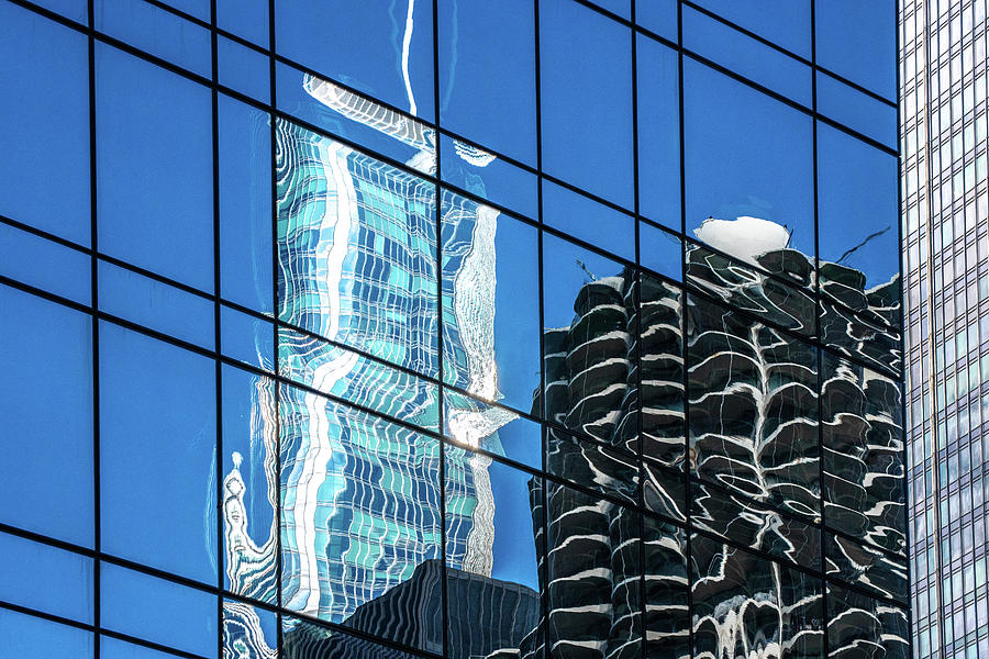 Trump Tower and Marina Tower Reflections on Blue Glass Windows Pyrography by Judith Barath