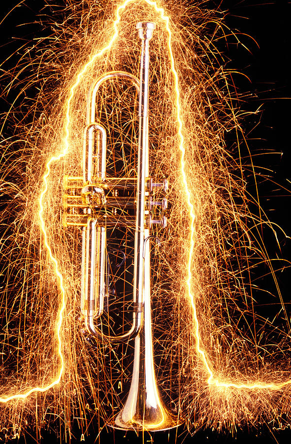 Trumpet Photograph - Trumpet outlined with sparks by Garry Gay
