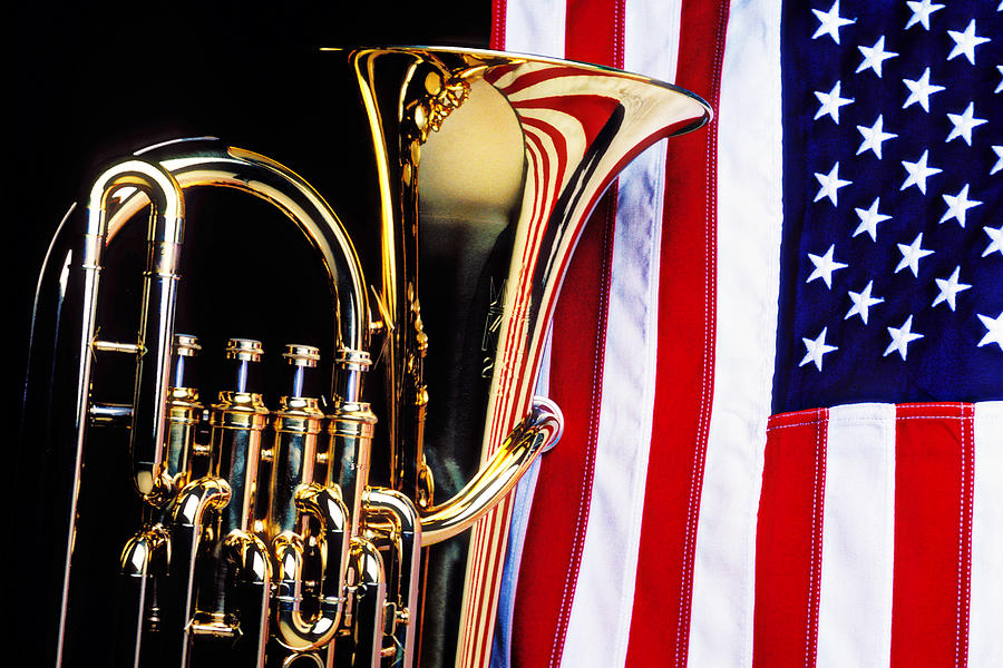 Tuba Photograph - Tuba and American flag by Garry Gay