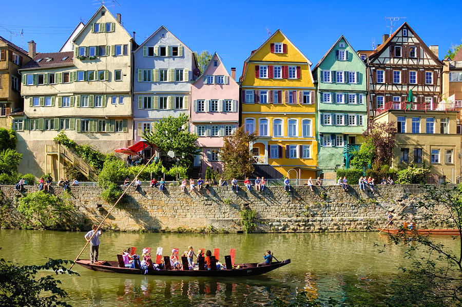 Architecture Photograph - Tubingen - Colorful old houses and a punt by Matthias Hauser