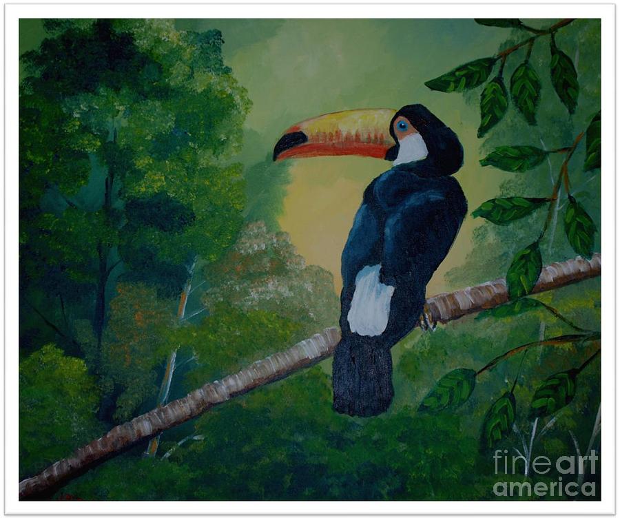 Tucan in a branch Painting by Jean Pierre Bergoeing