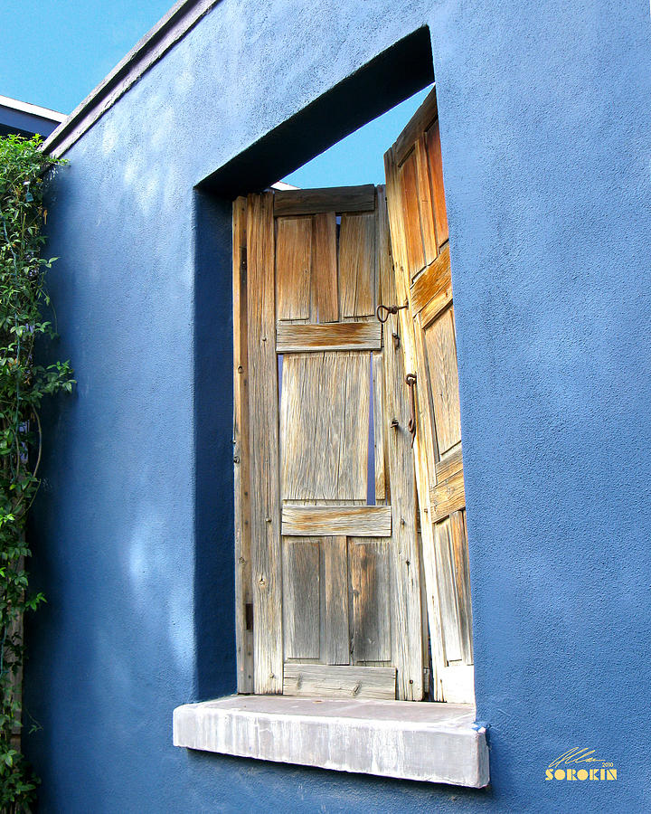 Tucson Photograph - Tucson barrio blue wall with wood shutters by Allan Sorokin